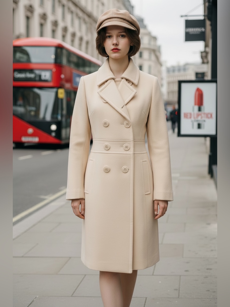 Burberry Cream Double-Breasted Wool Pea Coat